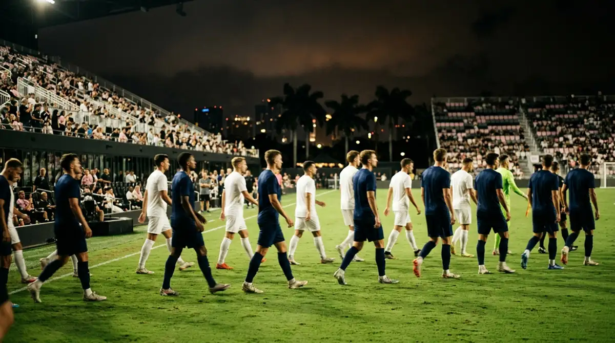 To landslag går ut på en opplyst arena i Miami om kvelden, palmer bak tribunene