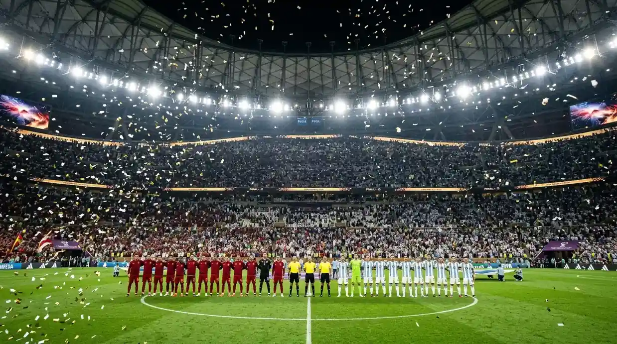 To landslag stiller opp på en fullsatt, opplyst arena før finalen, gullfarget konfetti i luften