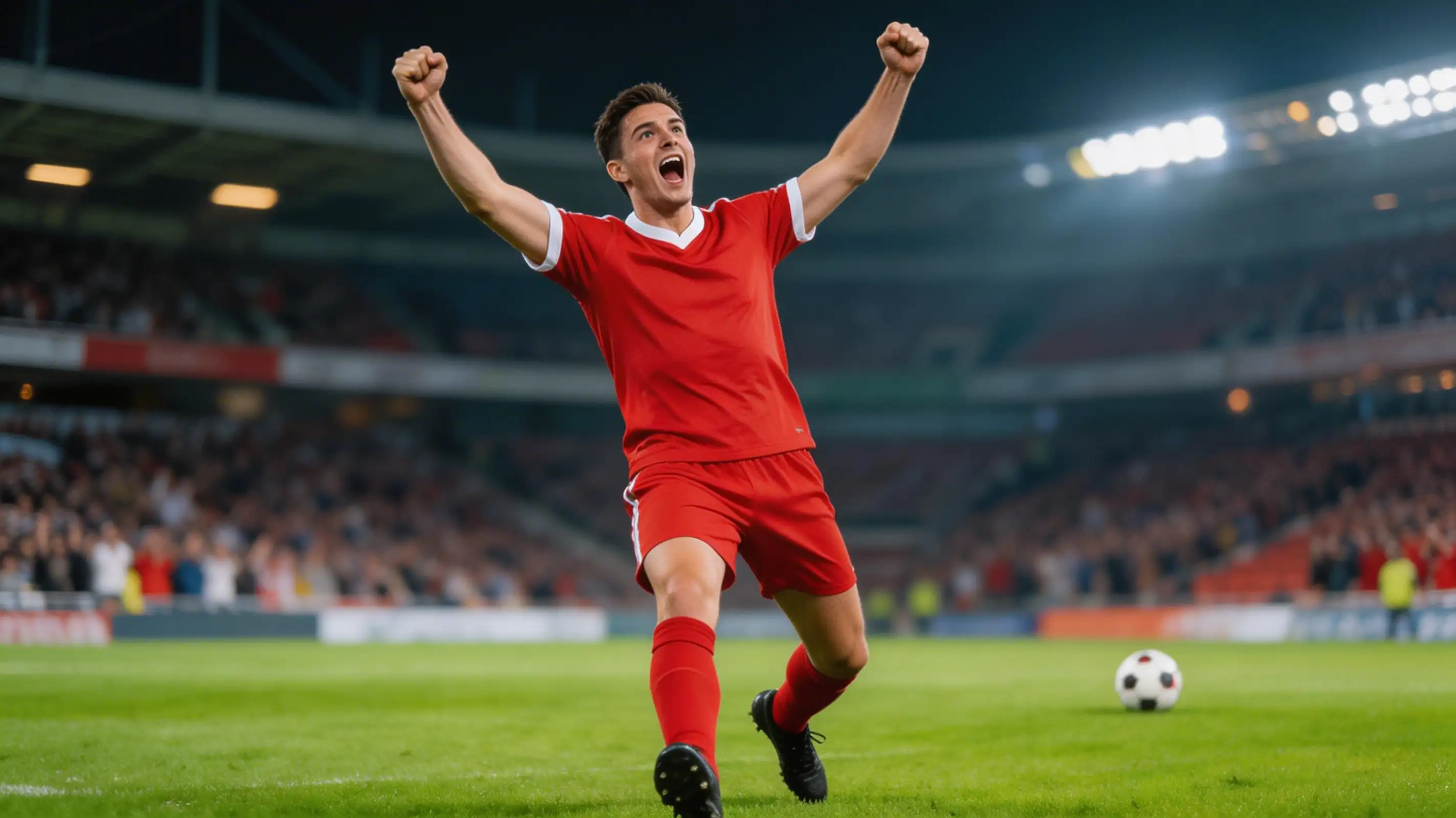Fotballspiss som feirer scoring foran et fullsatt VM-stadion med konfetti i luften